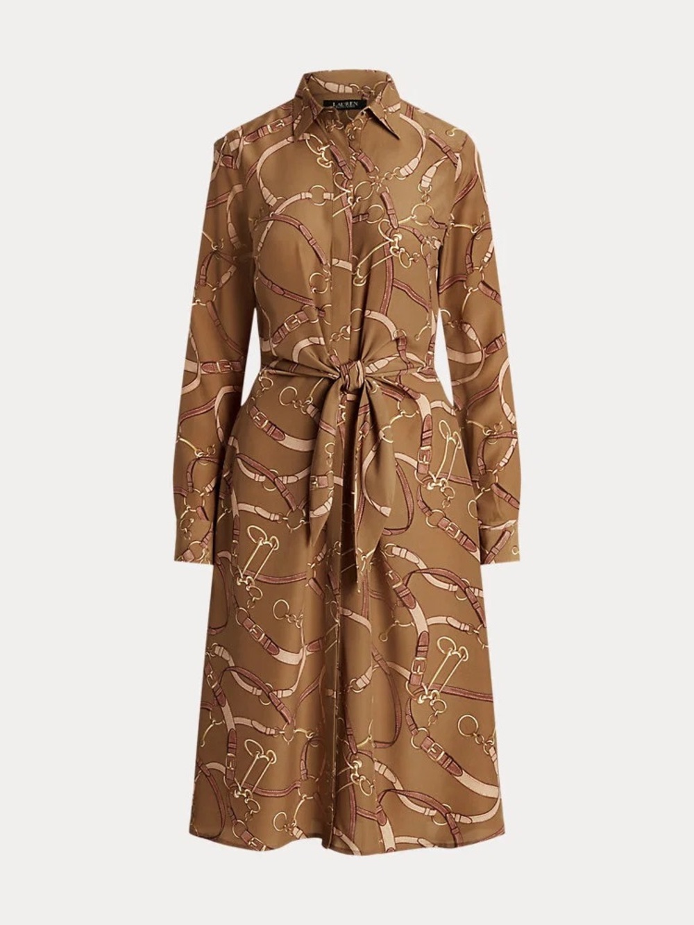 New RALPH LAUREN SZ 10 Belting-Print Tie-Front Crepe Shirtdress equestrian